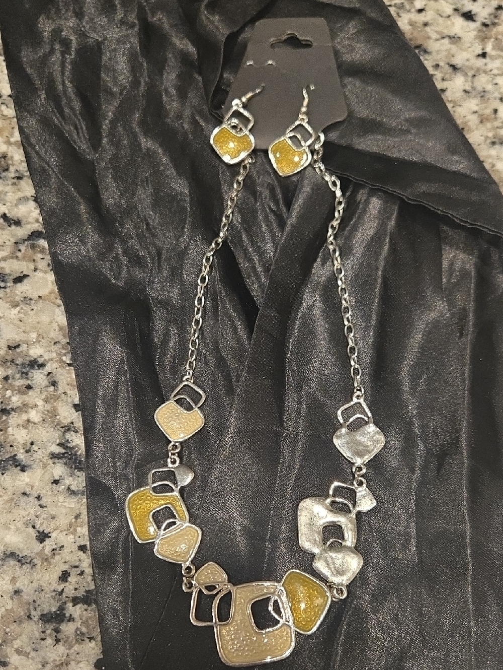 Silver-tone Necklace and Earring Set with Yellowish-Green Accents